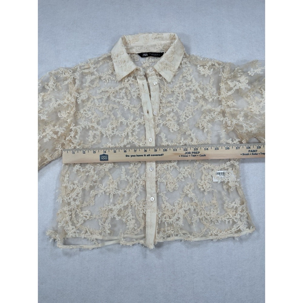 ZARA Cream Sheer Floral Lace Embroidered Cropped Balloon Sleeve Blouse Women's L - Picture 7 of 11